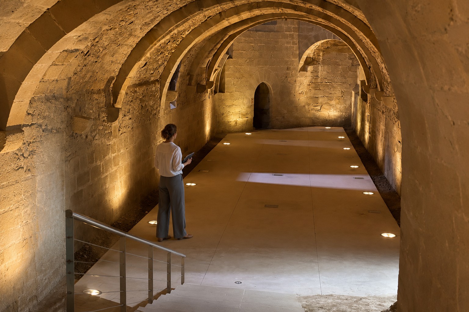 Persona observando el interior abovedado de un castillo histórico, con arcos de piedra e iluminación cálida, mientras imagina posibles usos culturales del espacio. (Adaptación IA)