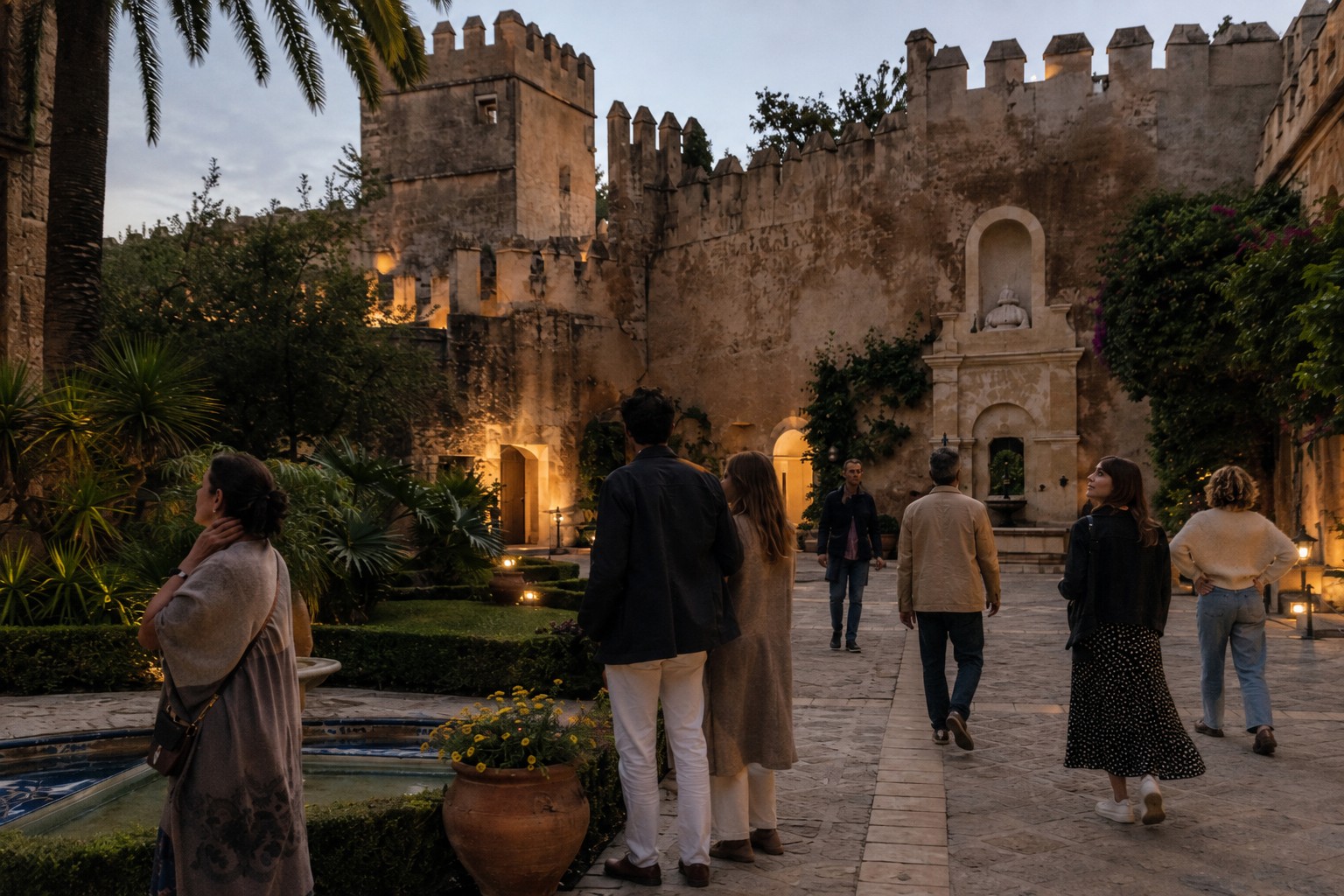 Visitantes recorren de forma espontánea el patio histórico de un castillo al atardecer, reaccionando de manera diferente ante la arquitectura y la experiencia cultural (imagen adaptada con IA).