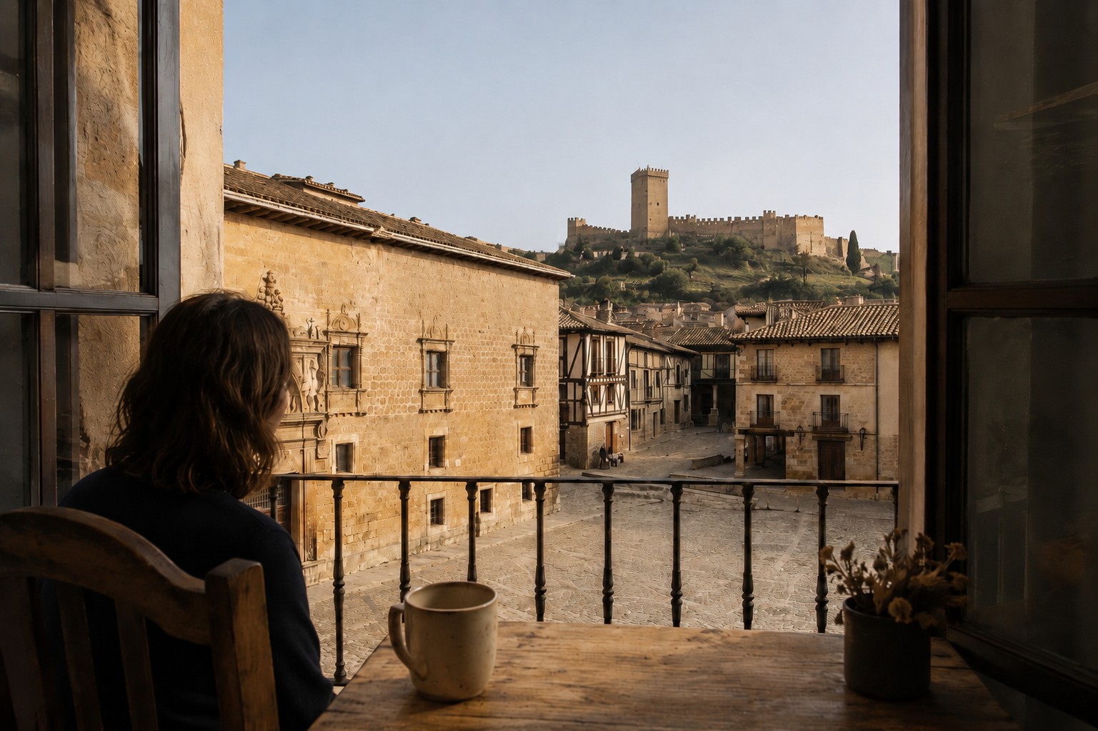 Persona sentada junto a una ventana con una taza de café, contemplando un pueblo histórico y su castillo al fondo a primera hora del día (recreada con IA).