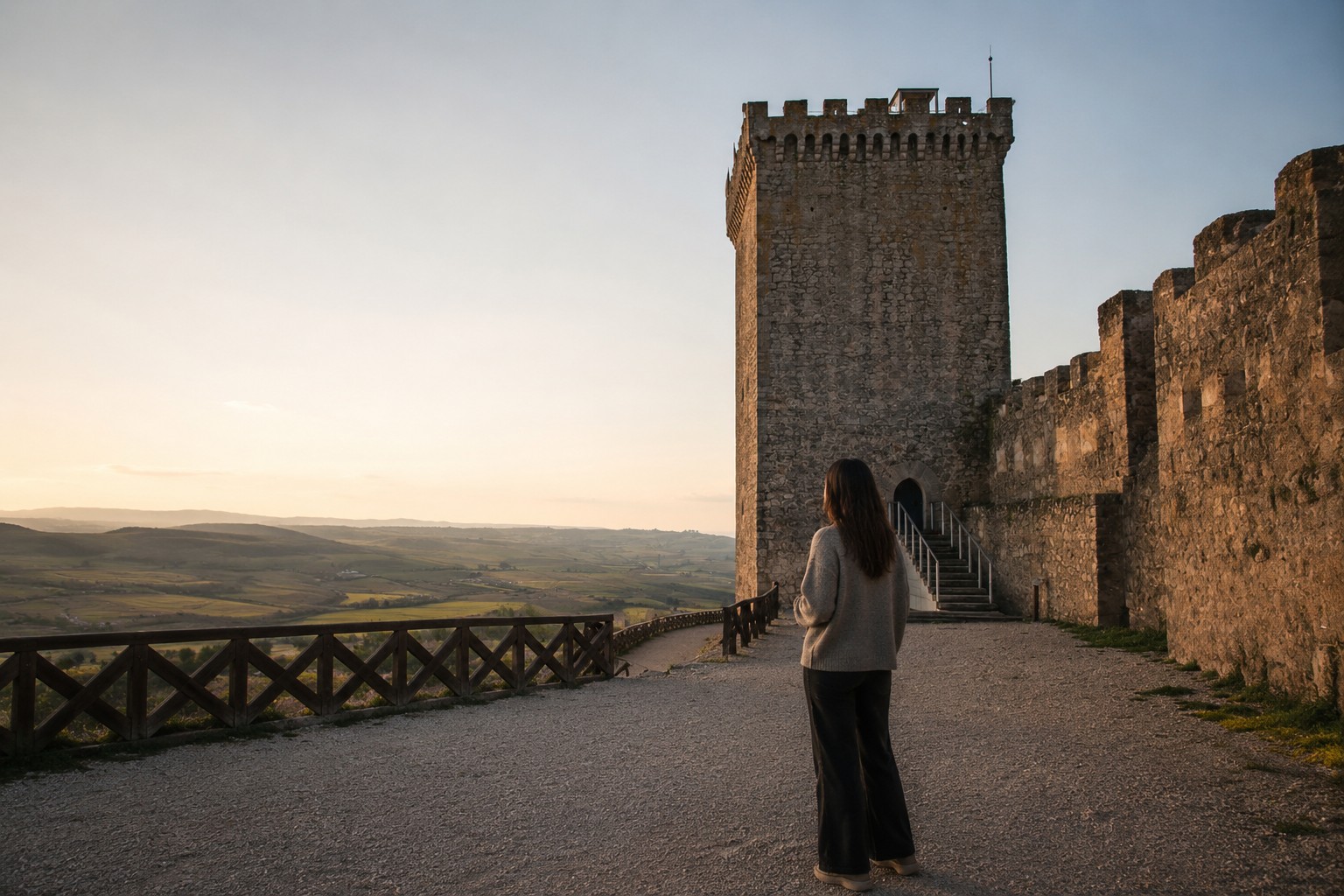 Persona de espaldas contemplando una torre de un castillo medieval y el paisaje desde la plaza de armas, iluminados por la luz suave del atardecer (recreada con IA).
