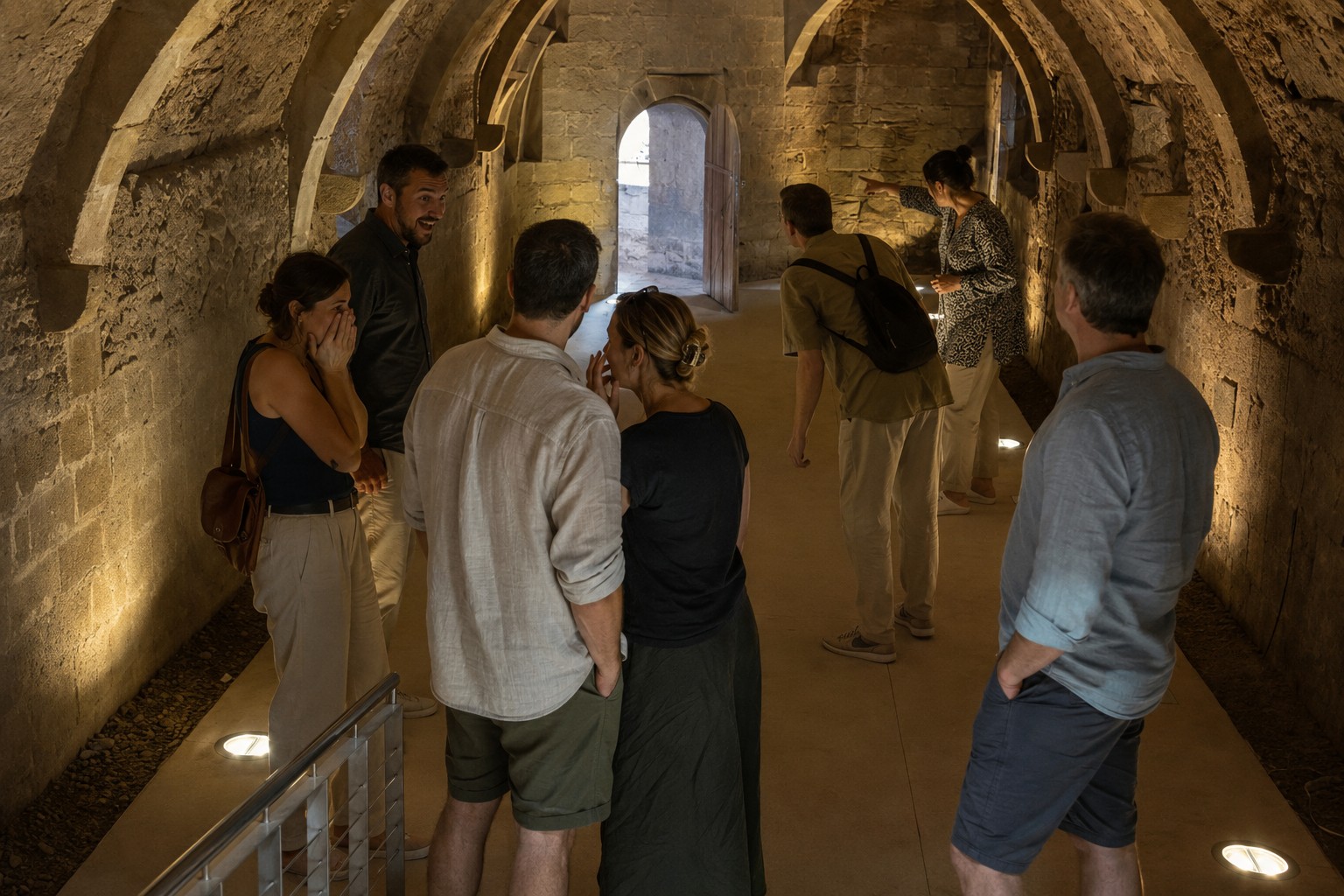 Grupo reducido de personas descubre un detalle inesperado durante una experiencia cultural en el interior de un castillo, reaccionando con sorpresa y curiosidad entre muros y arcos de piedra.